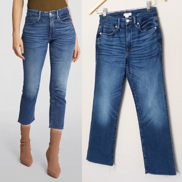 Good American Good Petite Straight Blue Jeans Raw Fray Hem Size 6/28 Indigo $125 - Picture 1 of 15